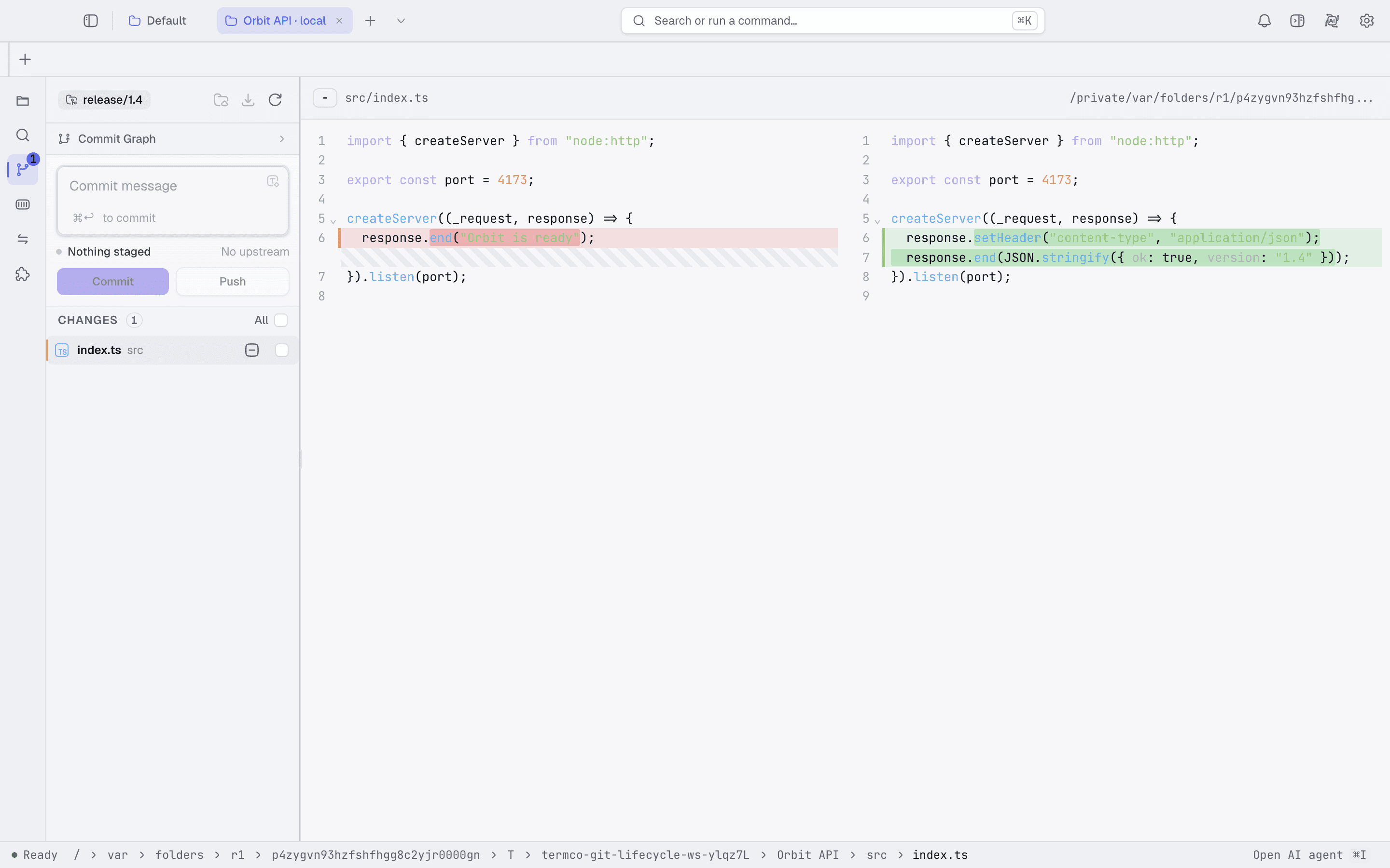 Git diff review beside the working tree