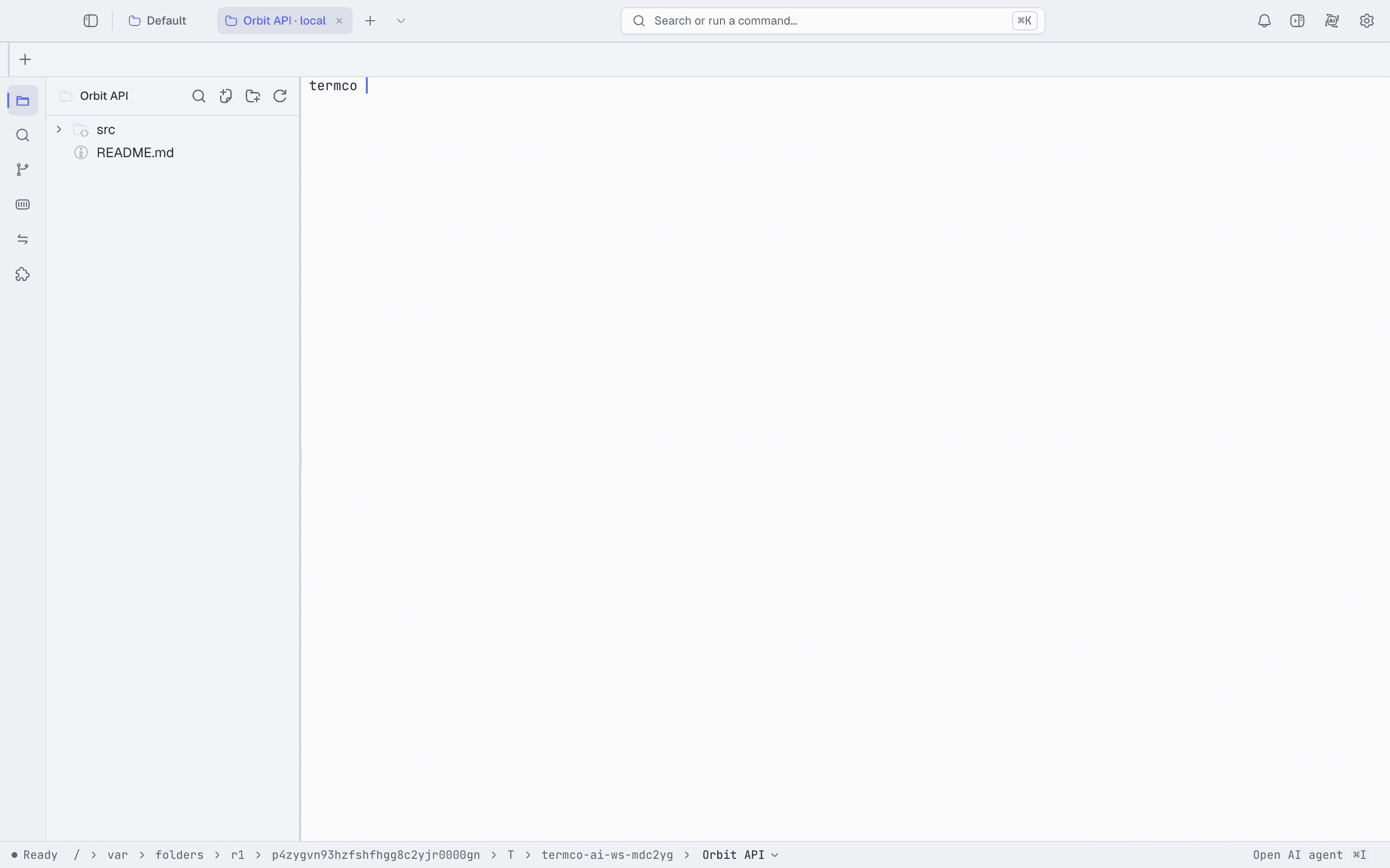 The Termco workspace: terminal, file explorer, editor, and Git in one window
